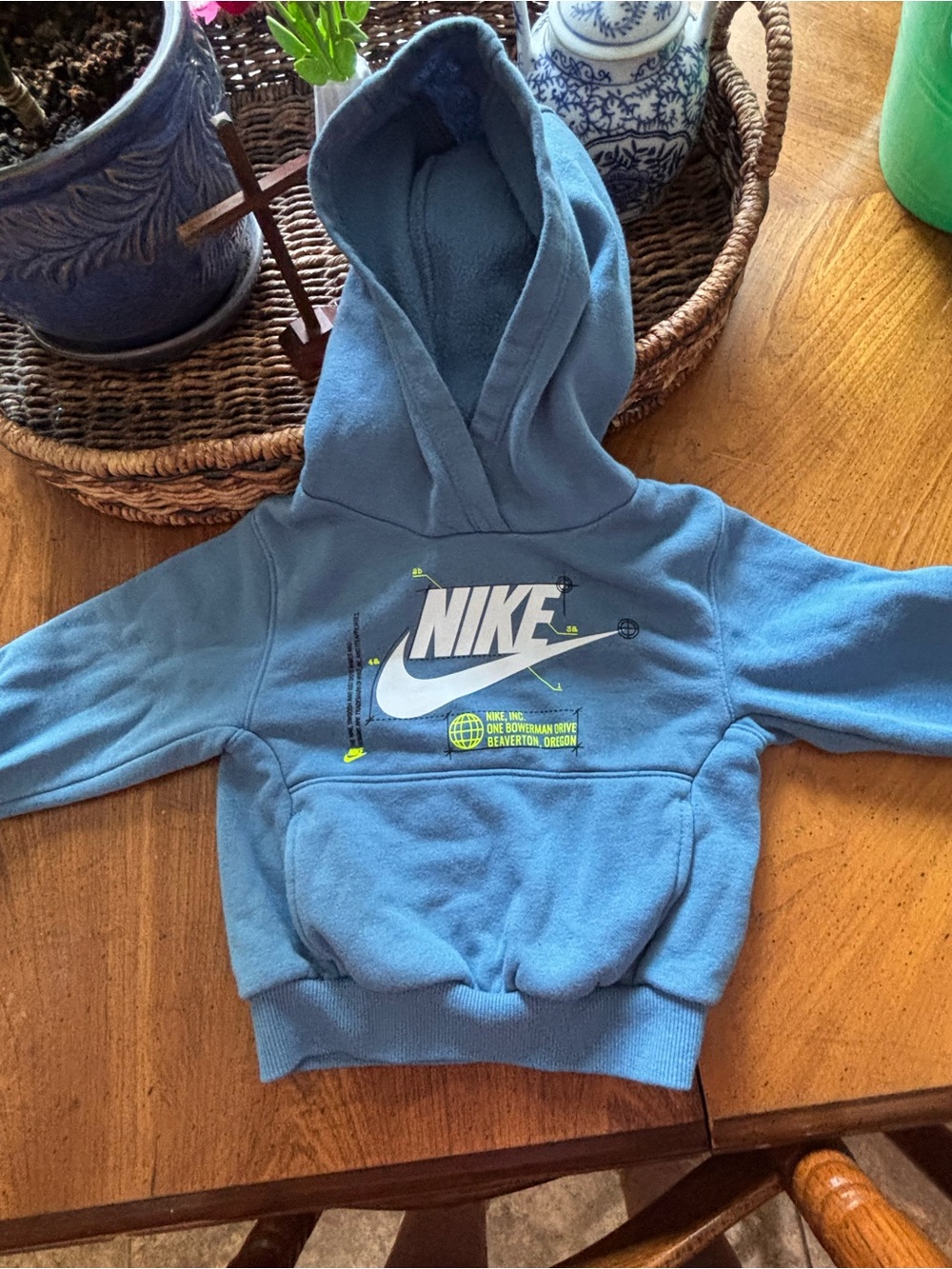 Nike Light Blue Kids Hooded Sweatshirt with White Logo and Neon Accents